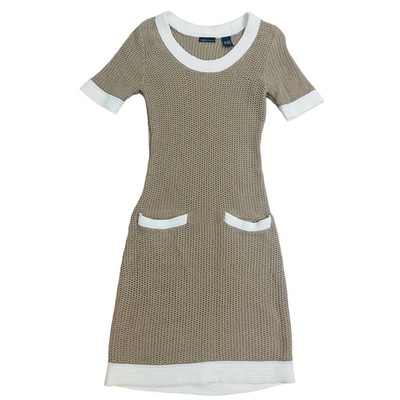 Vintage Dress Mini Knit Fitted Bodycon Neutral Y2K Brown White Academia Medium - Picture 3 of 5